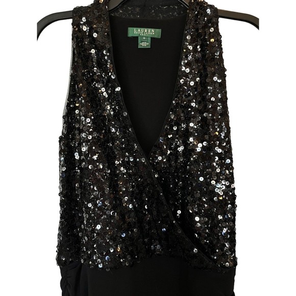 Ralph Lauren Dresses & Skirts - Lauren Ralph Lauren Sequined V Neck Wrap Black Midi Gown Dress Size 10